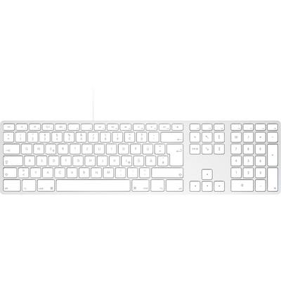 A white computer keyboard with a numeric keypad, featuring both English and German characters.