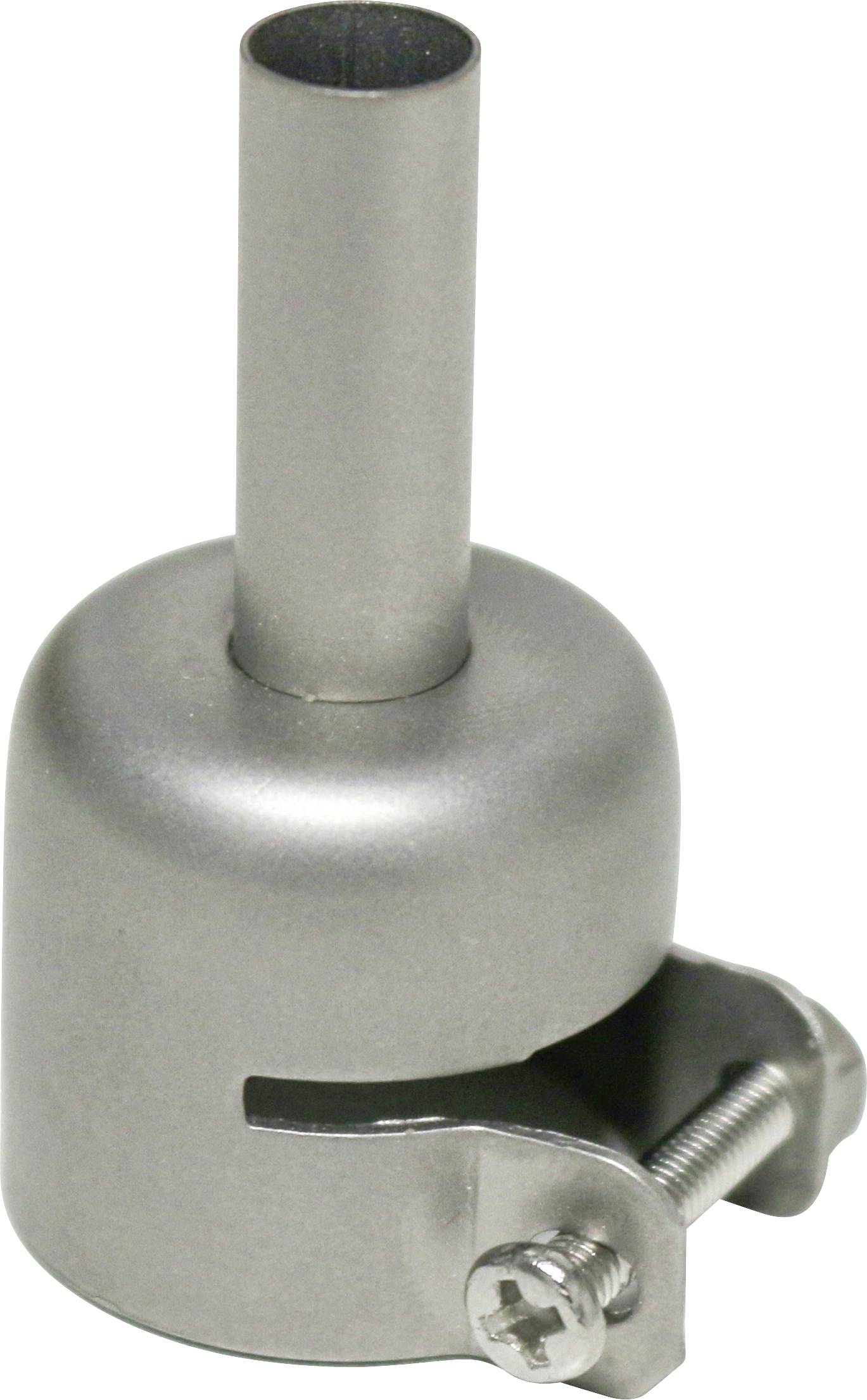 Close-up of a metal clamp fitting with a cylindrical tube and a side tightening screw.