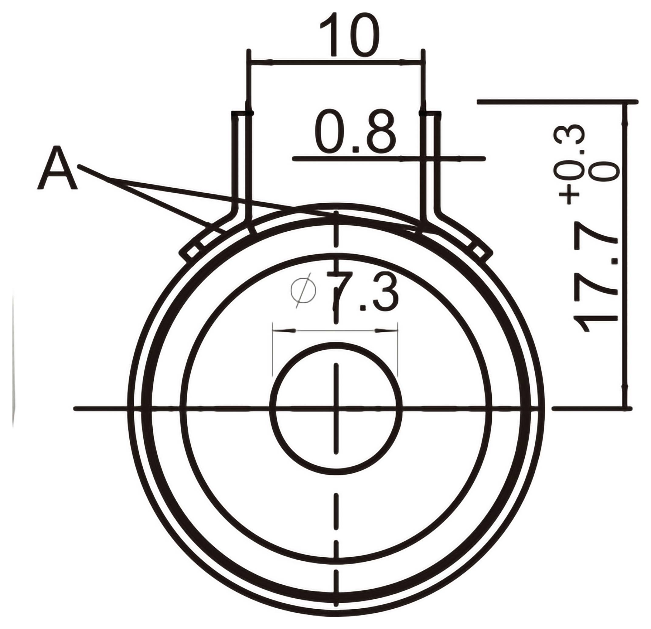 Technical drawing of a circular part with a central hole and top tab, dimensioned 10 mm wide and 17.7 mm high, with 7.3 mm inner diameter and marked detail A.
