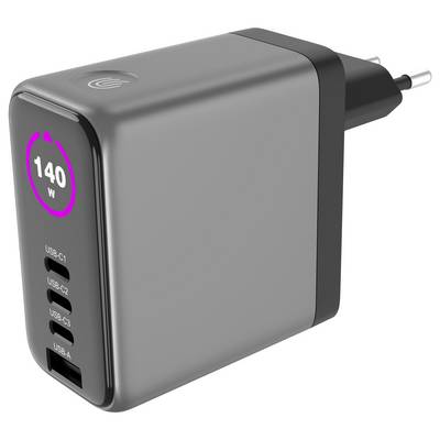 A black power adapter with a European plug, featuring three USB-C ports and one USB-A port. A label shows '140W', indicating power output.