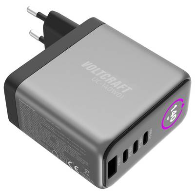 'A gray VOLTCRAFT USB wall charger, model UC-140W01, featuring multiple ports and labeled with '140W' on the side.'