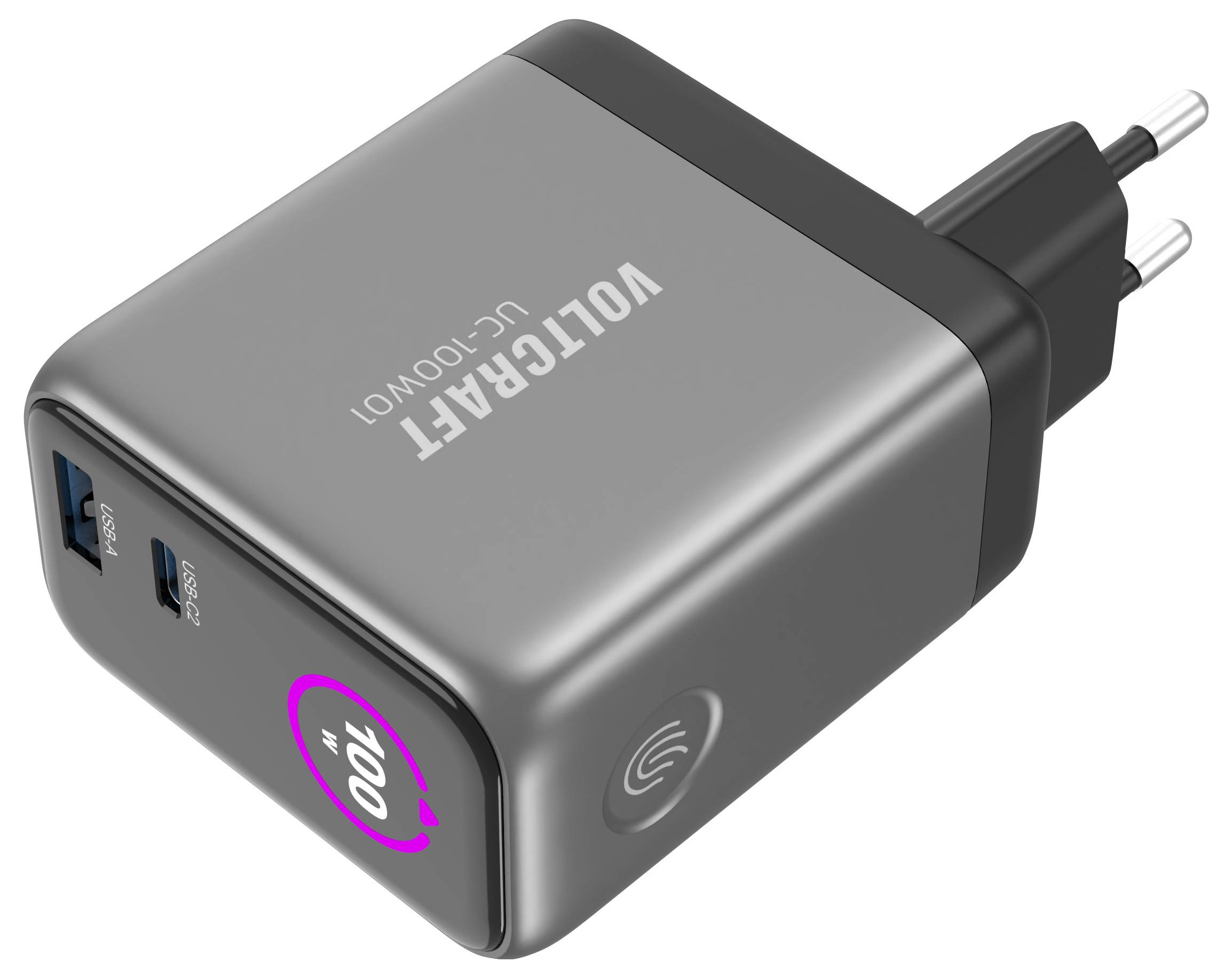 'A gray VOLTCRAFT UC-100W wall charger with dual USB ports and foldable prongs, labeled "100" on the side, indicating power capacity.'