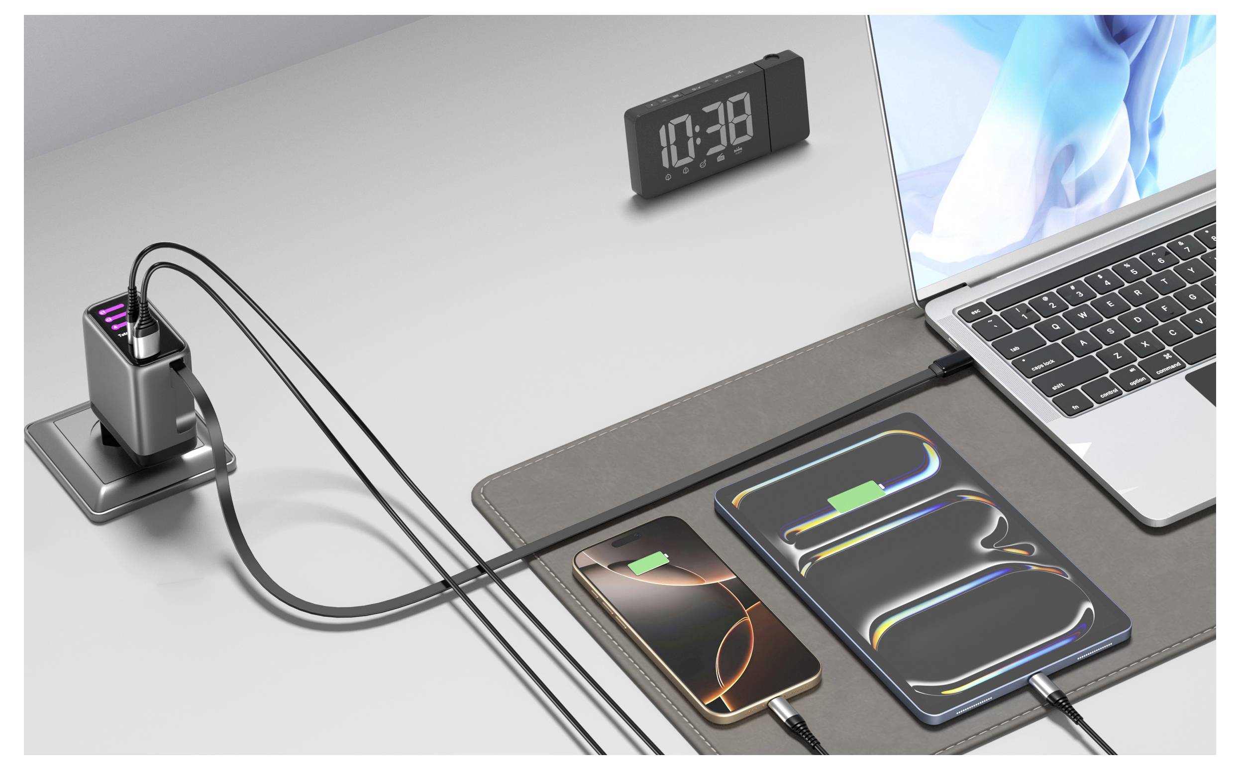 A desk with a laptop, two smartphones charging, and a digital clock showing '10:38'. Charging cables connect to a power hub.
