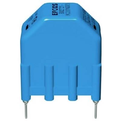 A blue electronic capacitor with two pins at the bottom, used for connecting in electronic circuits.