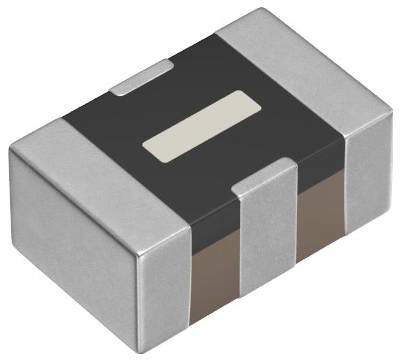 A small, rectangular electronic component with metal contacts on each side, likely a surface mount device used in electronic circuits.
