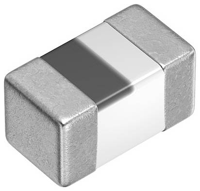 A small, rectangular, metallic electronic component with a shiny surface, likely a surface-mount technology (SMT) part used in circuits.