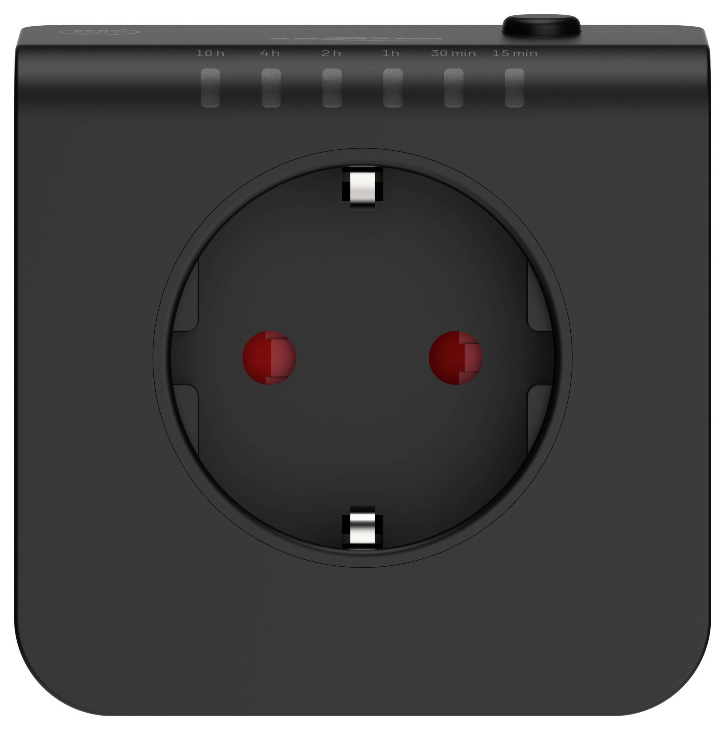 'Black power socket with built-in timer settings marked from 30 minutes to 10 hours.'
