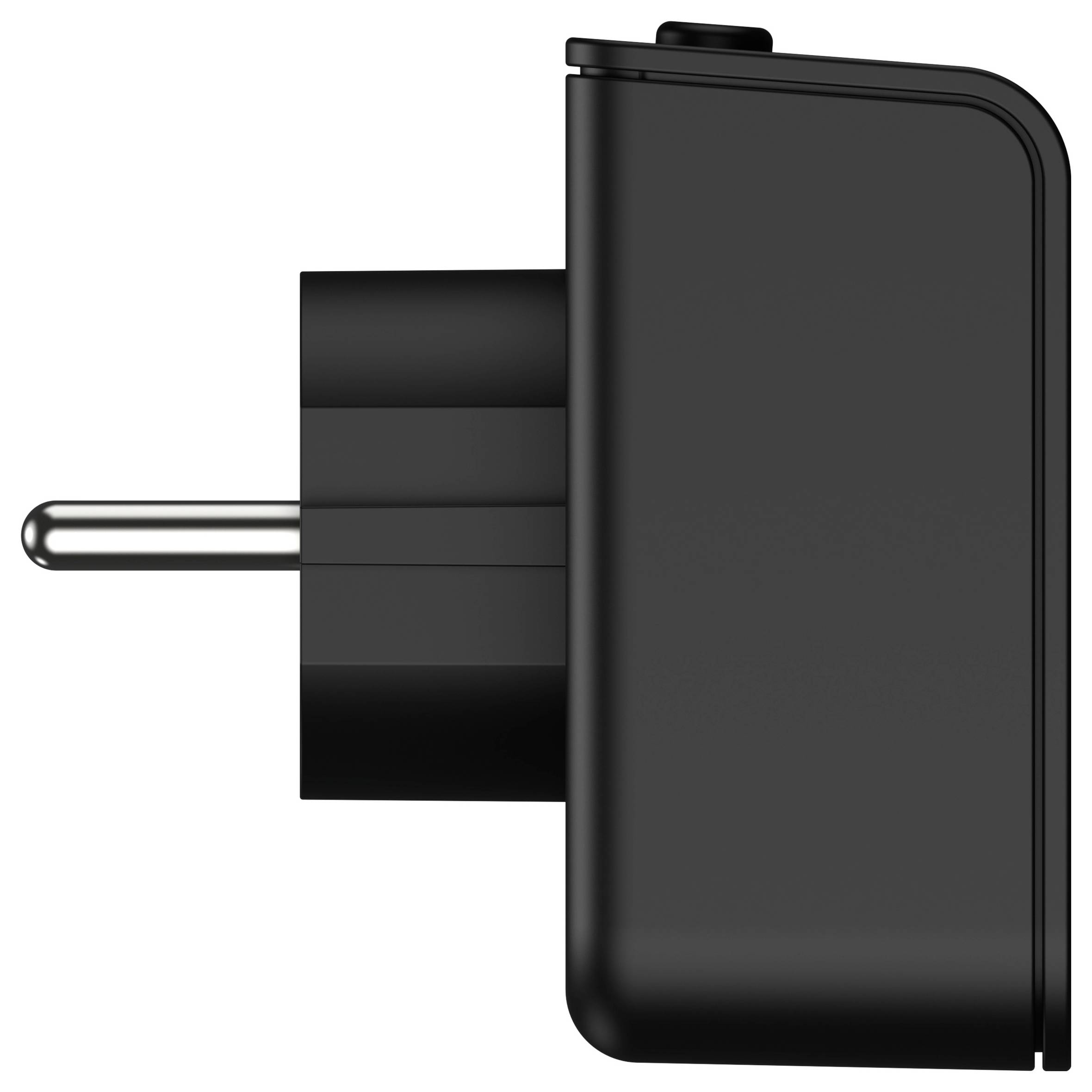 A black wall adapter with two metal prongs, viewed from the side, showing its compact and sleek rectangular design.