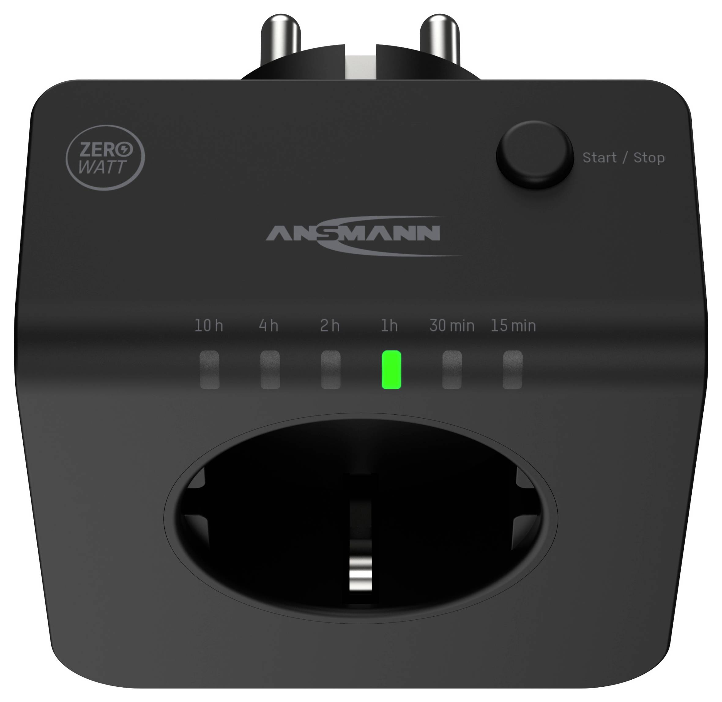 'ANSMANN plug-in timer with zero watt technology, features an on/off button and settings for 15 min to 10 hrs on a black casing.'