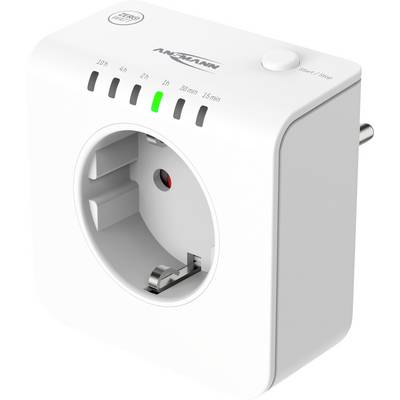 A white ANSMANN smart plug timer with a digital display and buttons to set time intervals: 1h, 3h, 6h, 15min, 30min, 2h.