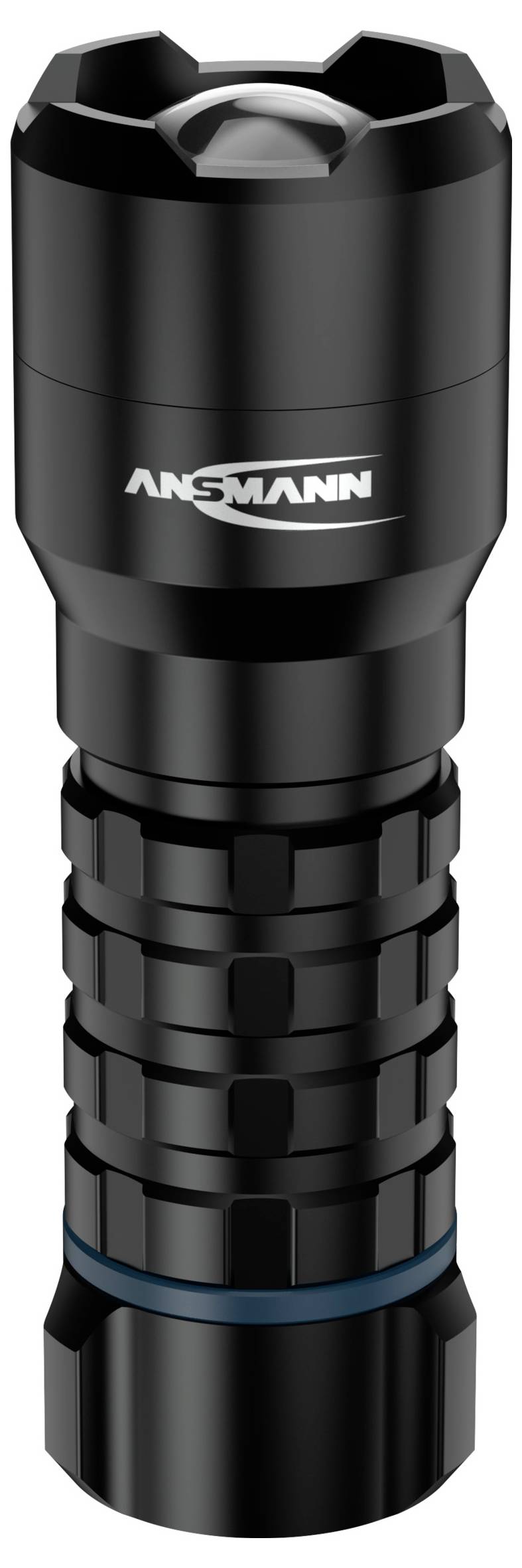 A black tactical flashlight with a textured grip and a visible lens. The brand name 'Ansmann' is printed on the body.