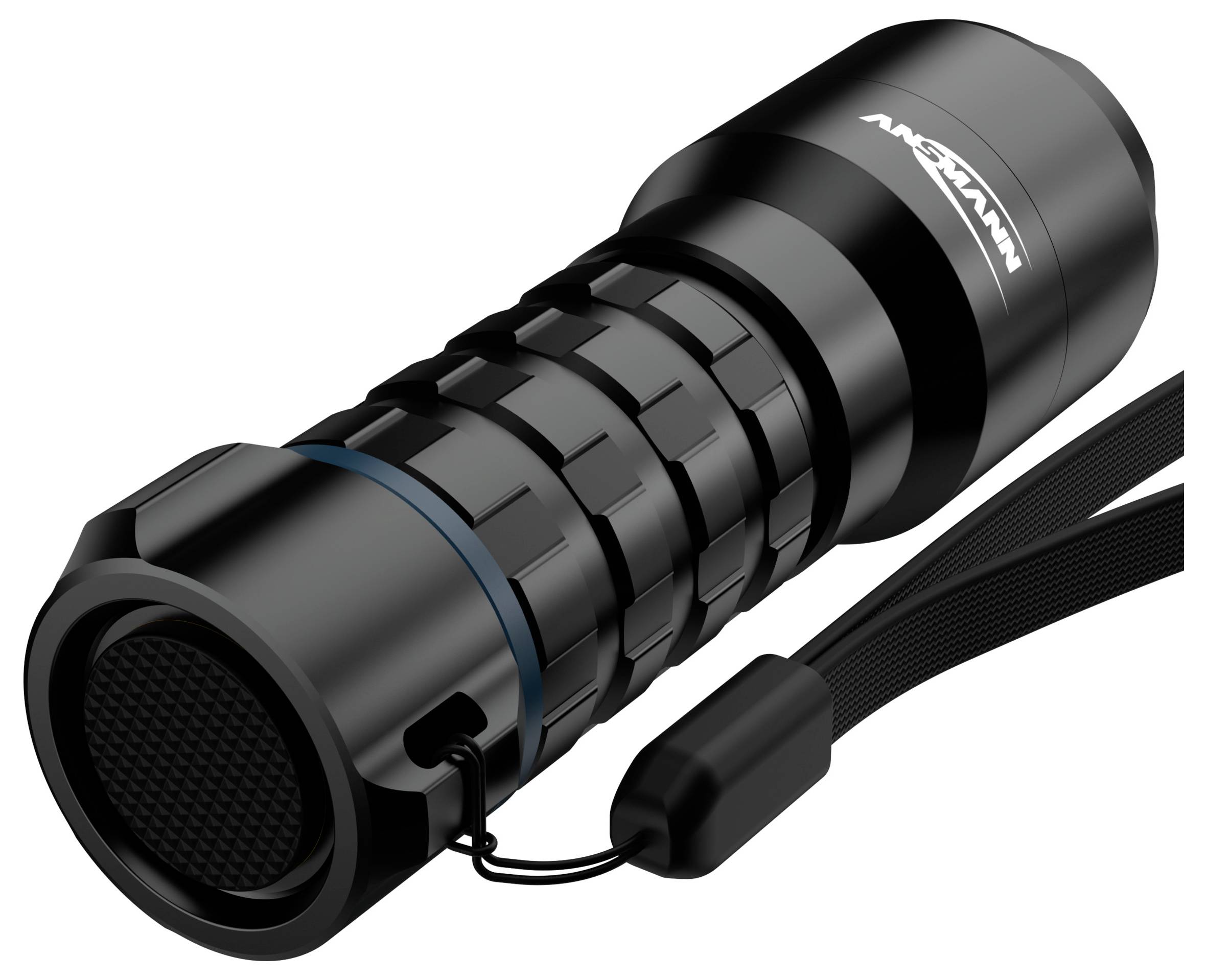 A compact black flashlight with a textured grip and wrist strap, designed for easy handling and portability.