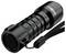 A compact black flashlight with a textured grip and wrist strap, designed for easy handling and portability.
