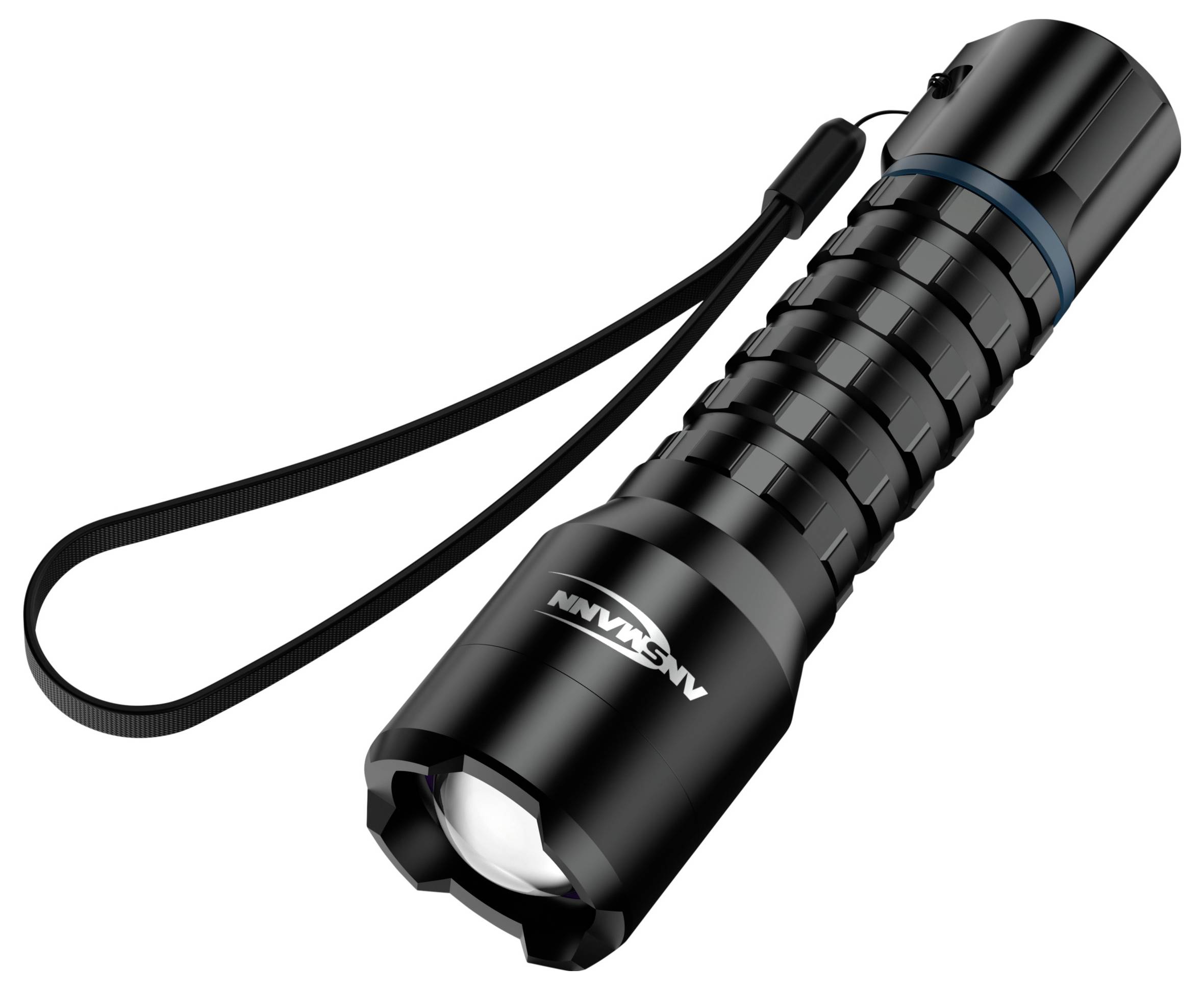 A black handheld flashlight with a textured grip and a wrist strap, designed for easy portability and secure handling.