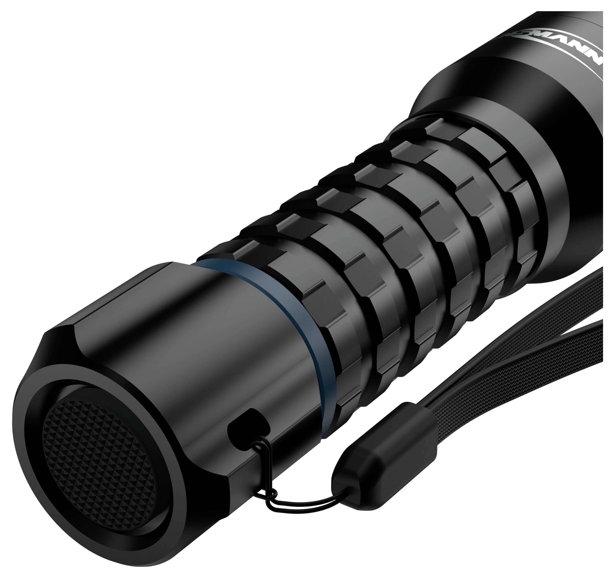 A close-up image of a black flashlight handle with a textured grip and attached wrist strap.