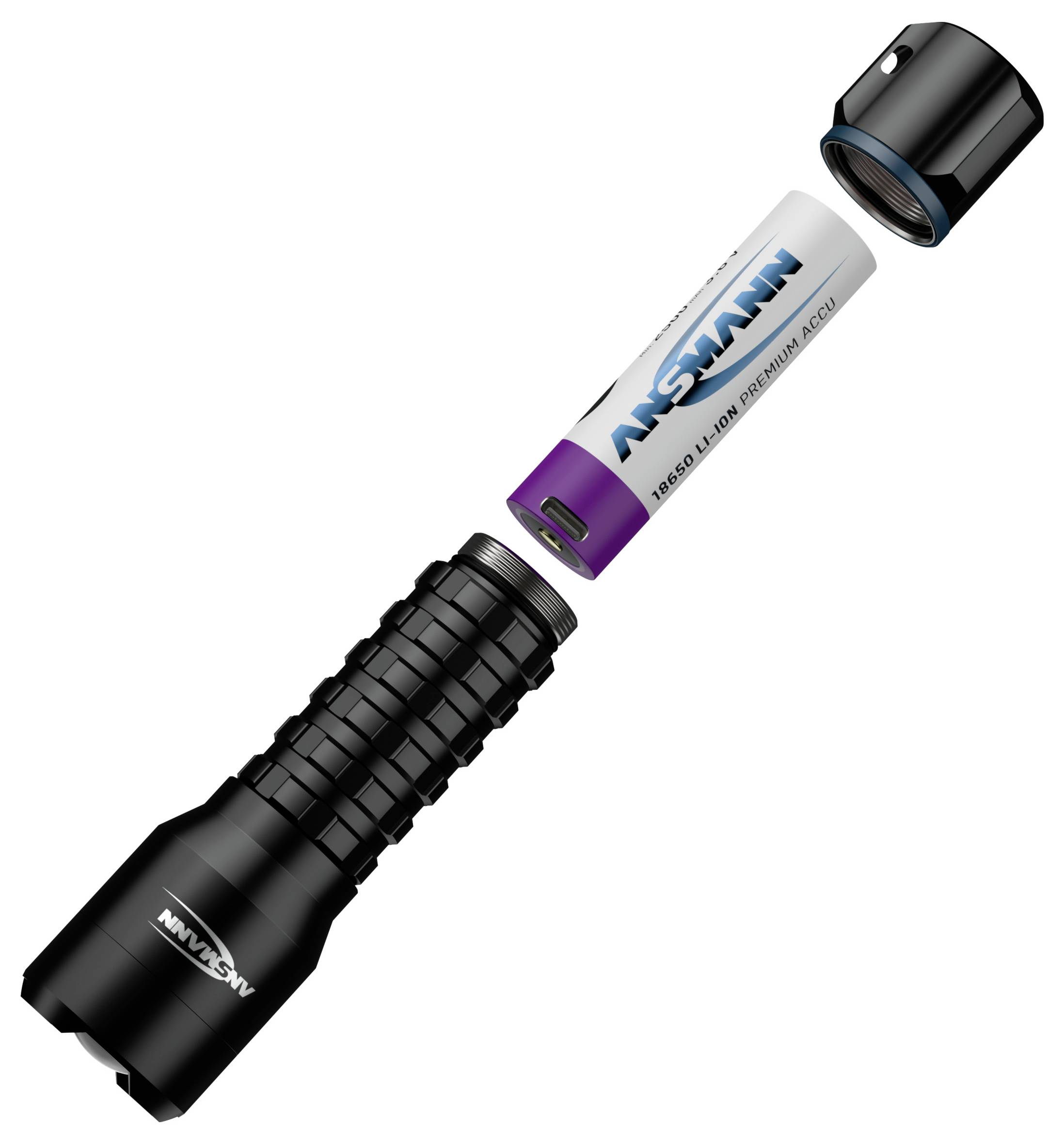 'Ansmann' flashlight showing an exploded view with a detachable cap and a visible rechargeable battery partially outside the casing.