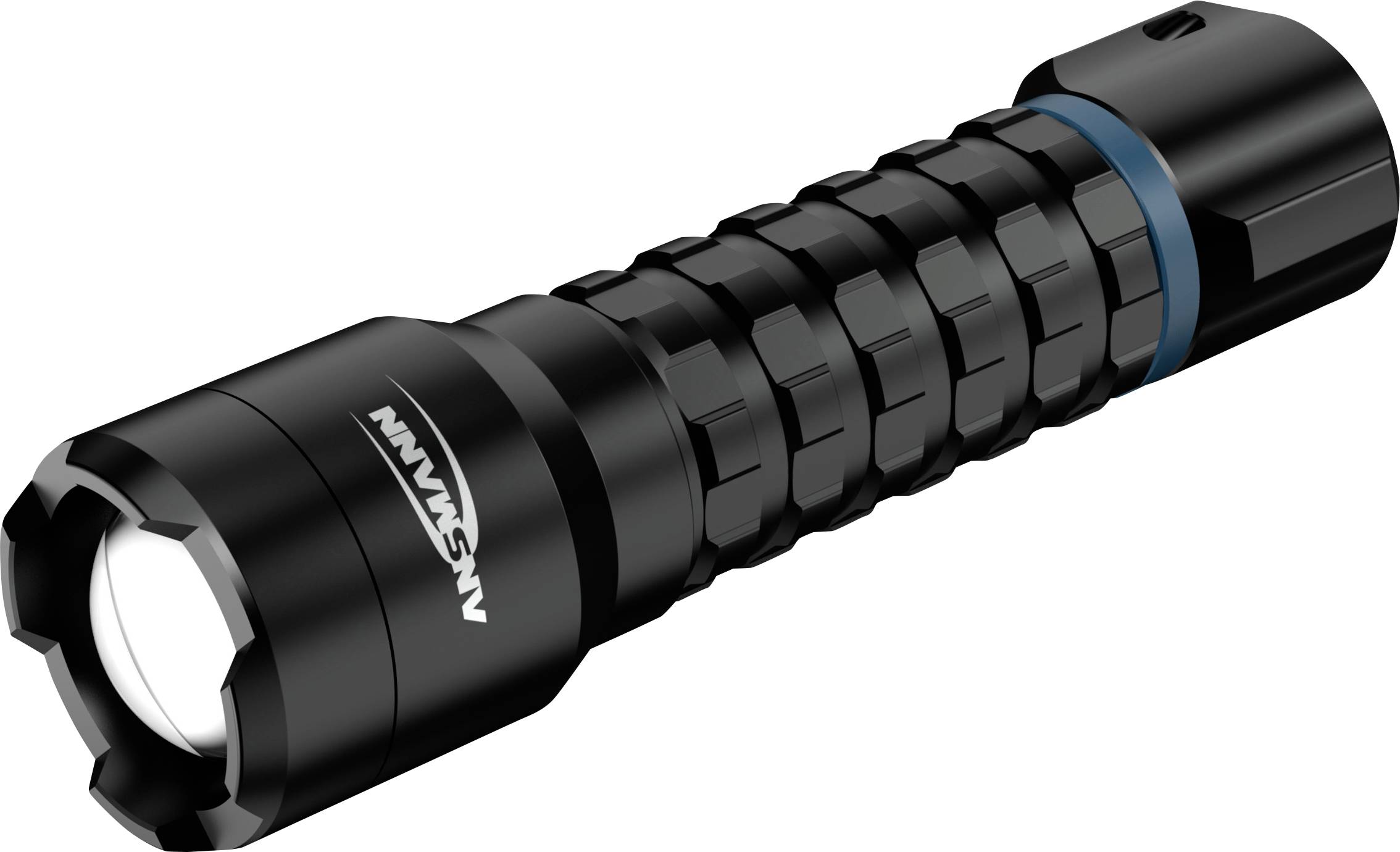 A black tactical flashlight with a rugged design featuring a cylindrical body and a ridged grip.
