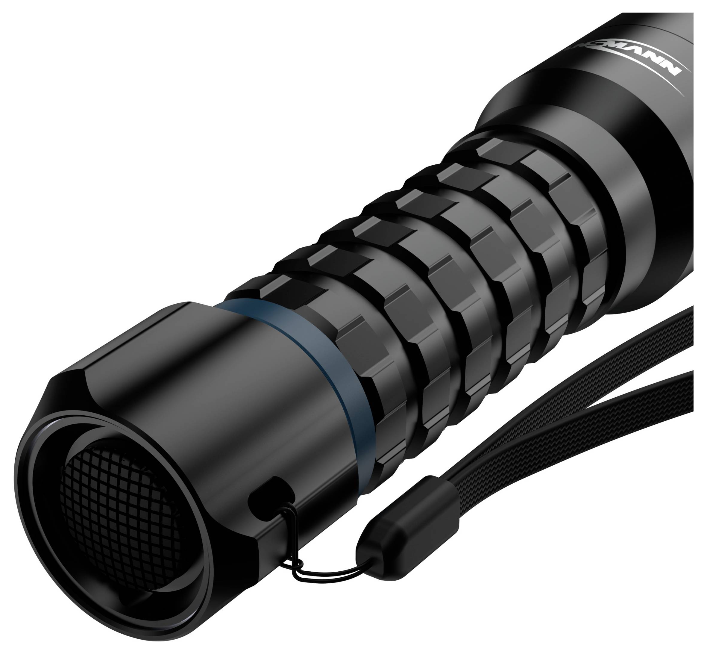 A black tactical flashlight with a textured grip and wrist strap, designed for durability and ease of use in outdoor settings.