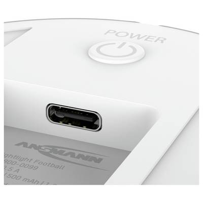 Close-up of a white electronic device showing a USB-C port and a circular power button labeled 'POWER' on its surface.