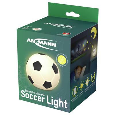A green box features a dimmable silicone soccer ball light, suitable for children's rooms. Illustrations suggest warm, soothing lighting.