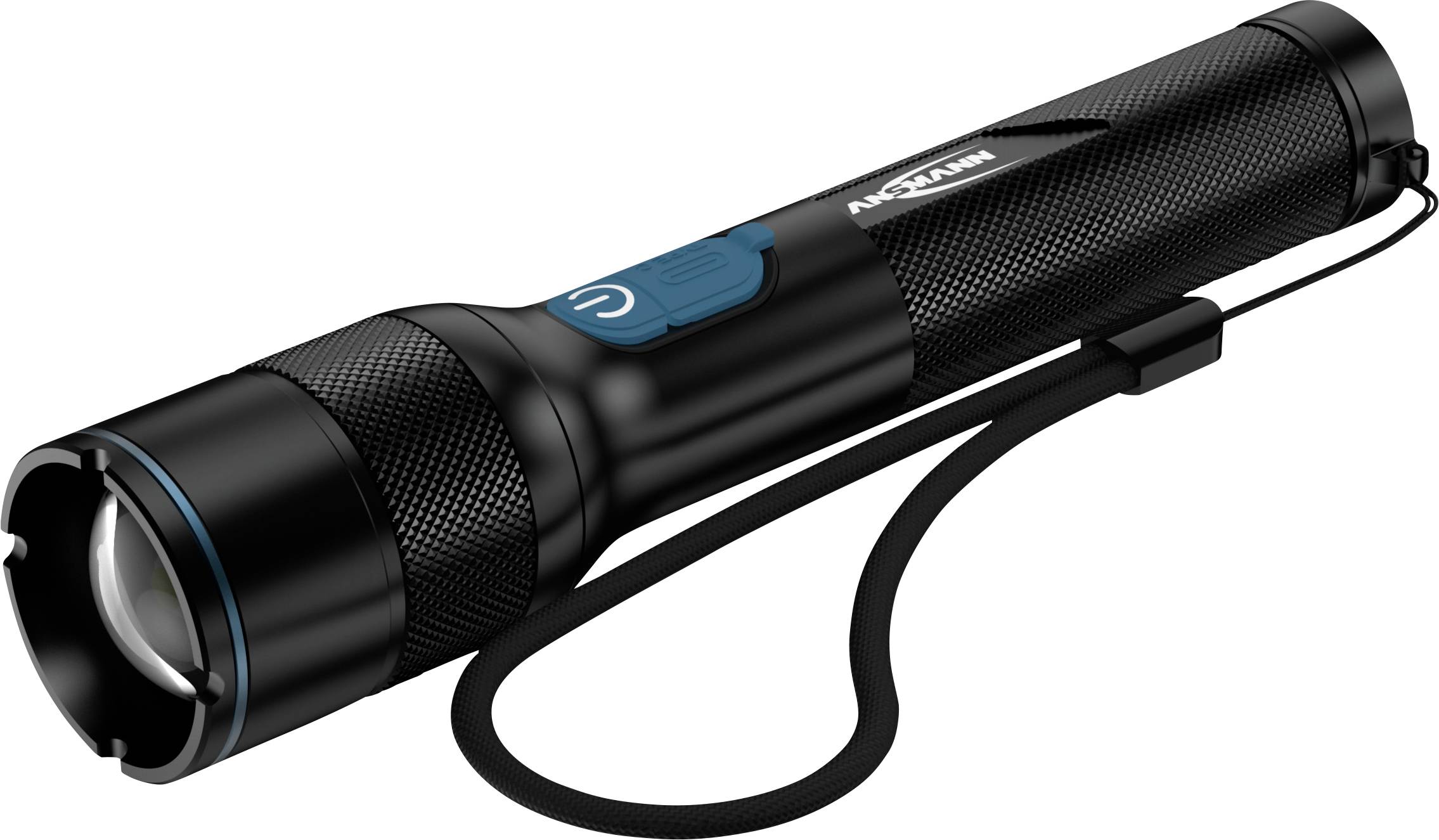 A black handheld flashlight with a textured grip, blue power button, and wrist strap, angled to show its cylindrical shape.