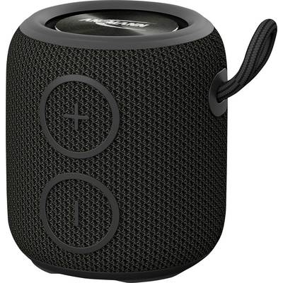A black portable Bluetooth speaker with '+' and '-' volume buttons, featuring a textured surface and a carrying loop on the side.