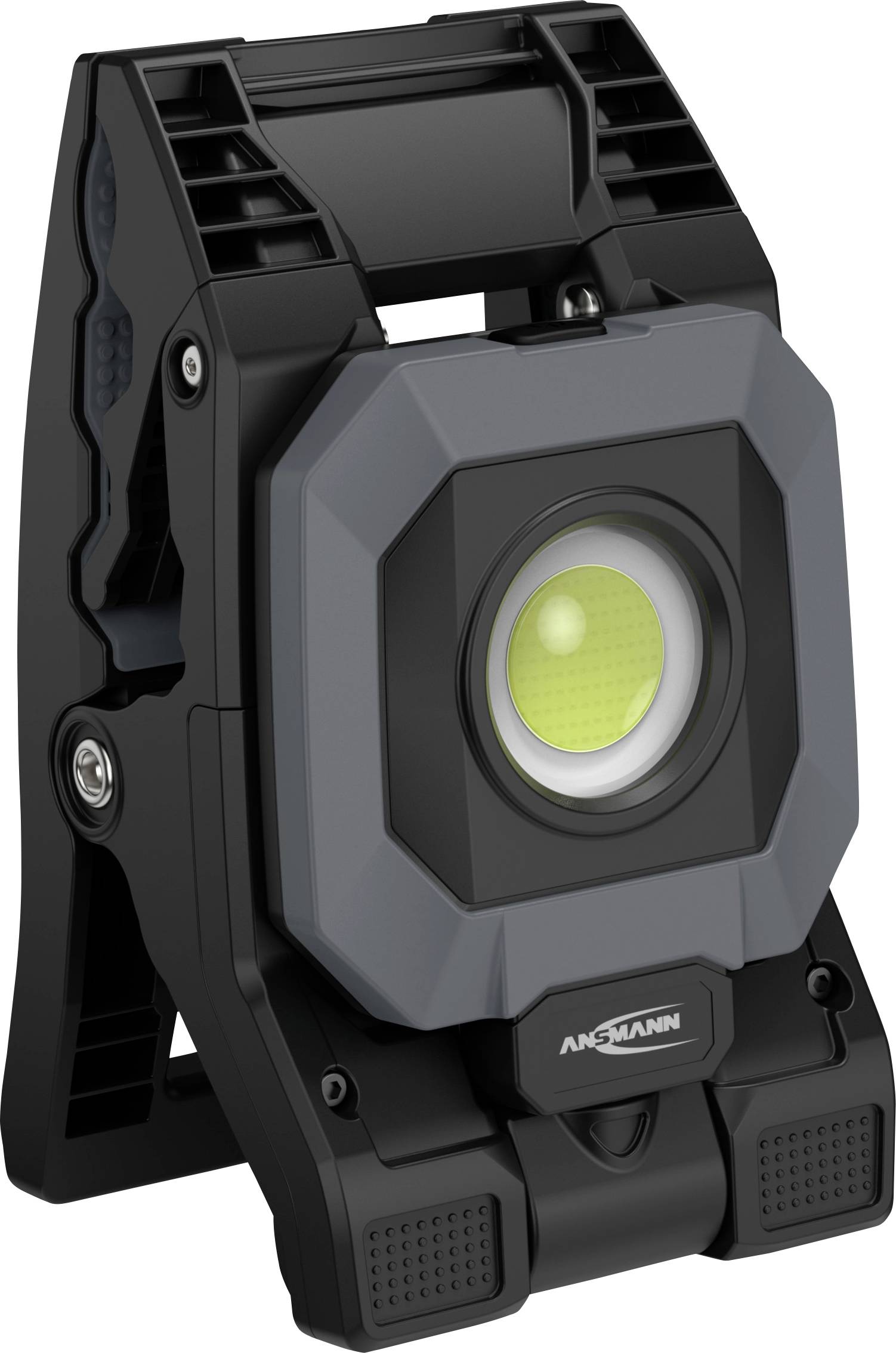 A portable, rechargeable LED work light with a sturdy black and gray casing, designed for hands-free use with an adjustable angle stand.