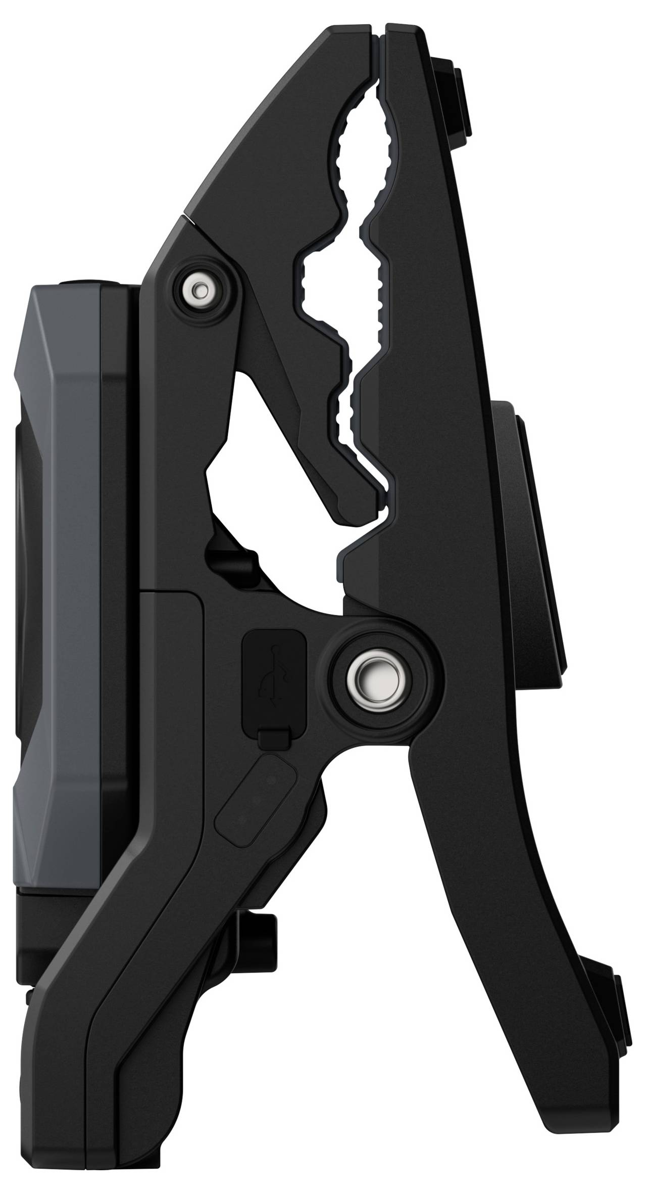 A black, foldable multi-tool with various protruding implements and textured details, shown from the side profile on a white background.