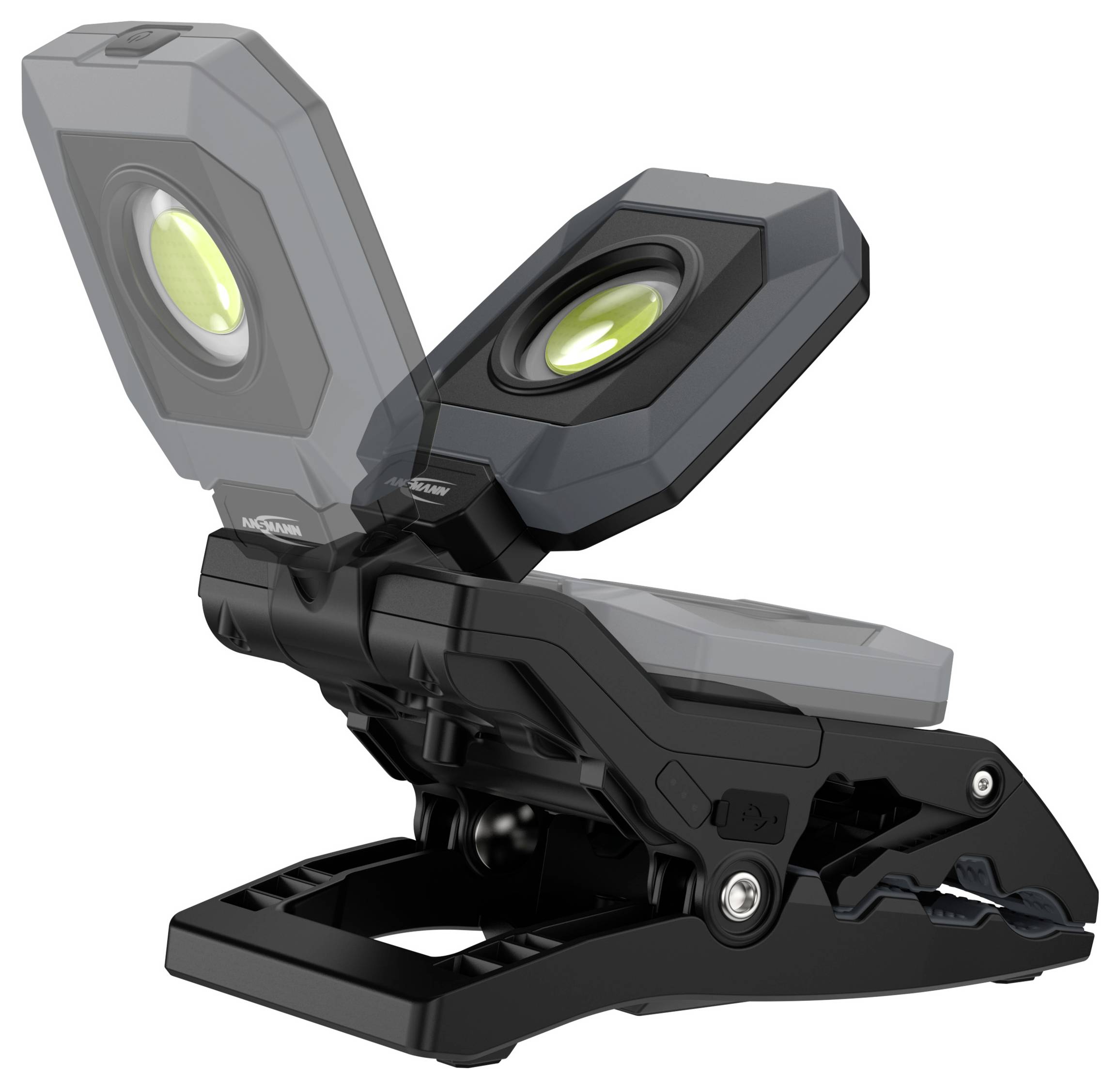 A portable LED work light with dual adjustable heads in a dark frame, designed for versatile lighting angles and optimal illumination.