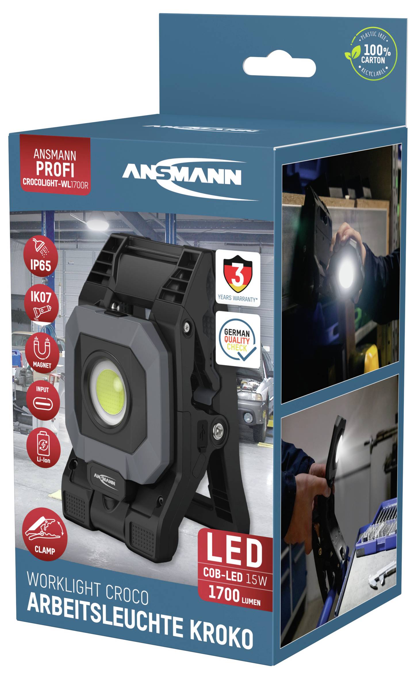 'ANSMANN PROFI' branded worklight packaging showcasing a robust, portable LED light with 1700 lumens, IP65/IP67 protection, and COB-LED 15W.