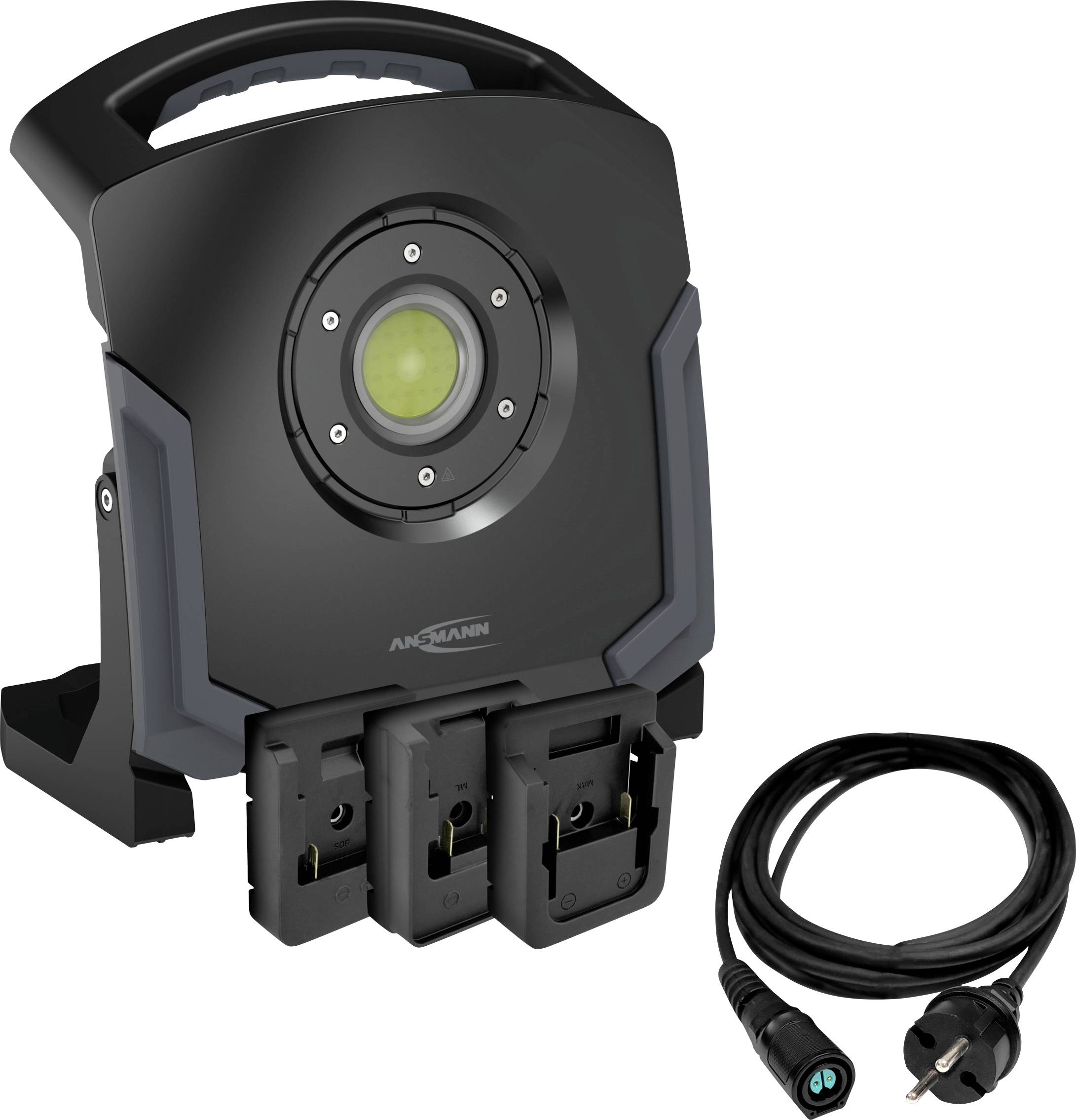 A portable LED work light with a handle, featuring two docked rechargeable battery slots at the base, and an included power cord.