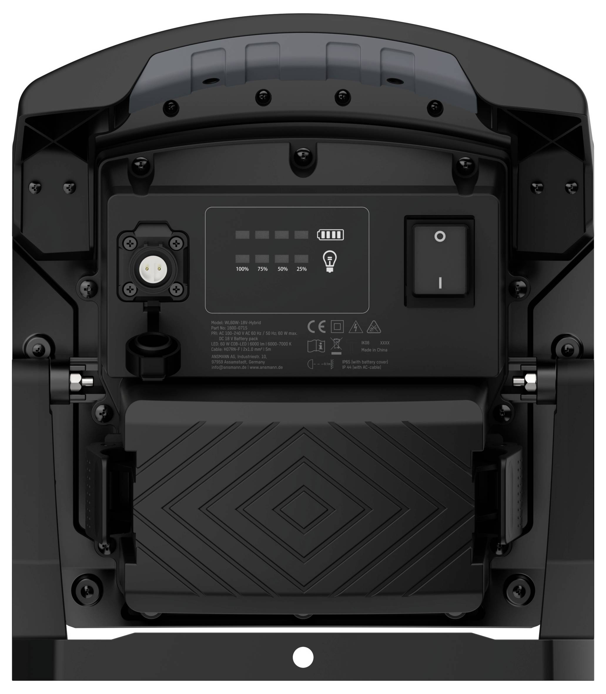 A close-up of a black device with a power switch, connector port, and battery level indicator. The device has a textured surface.