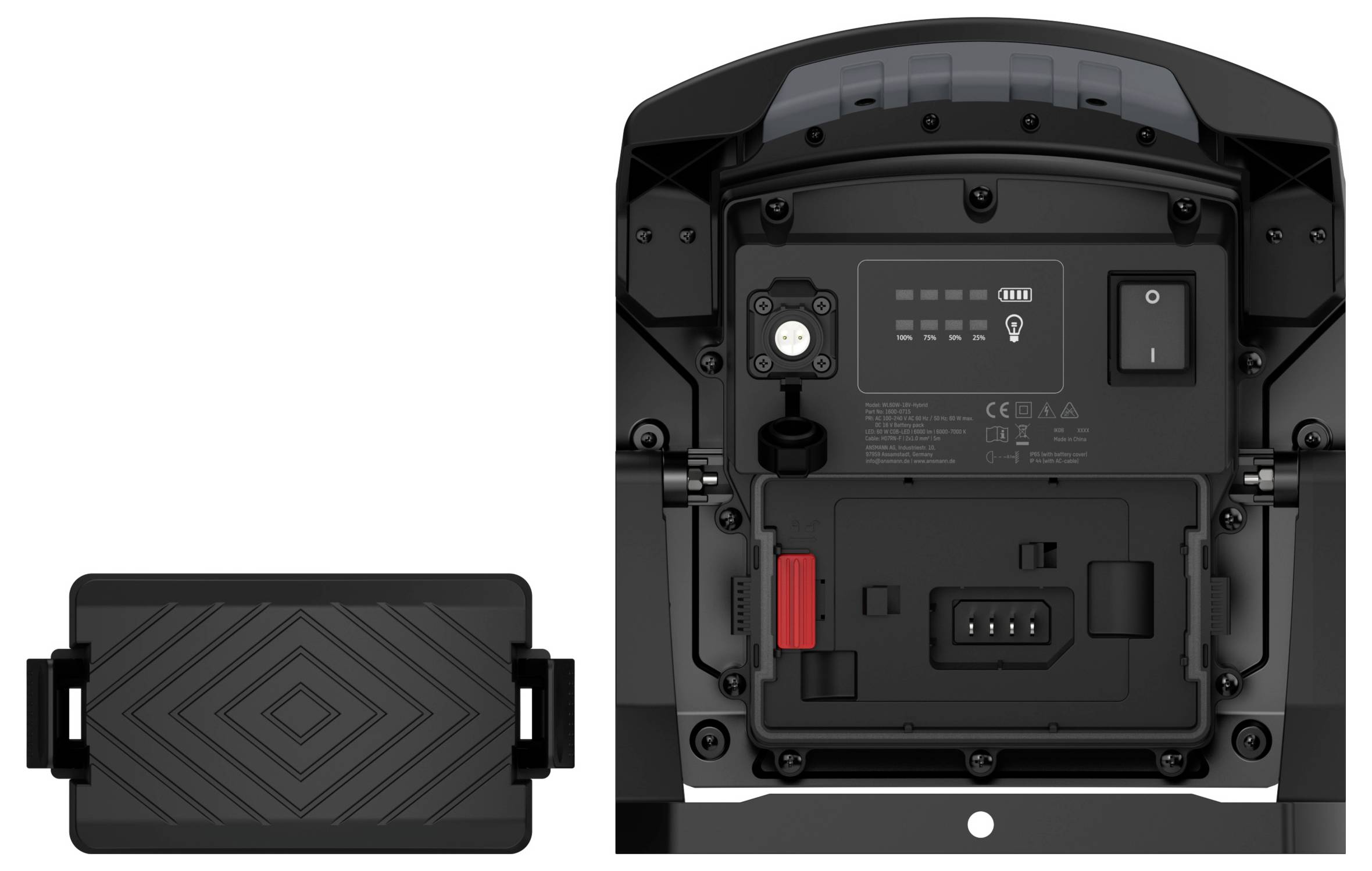 Back view of a black electronic device with control panel, power switch, various connectors, and a separate rectangular cover.