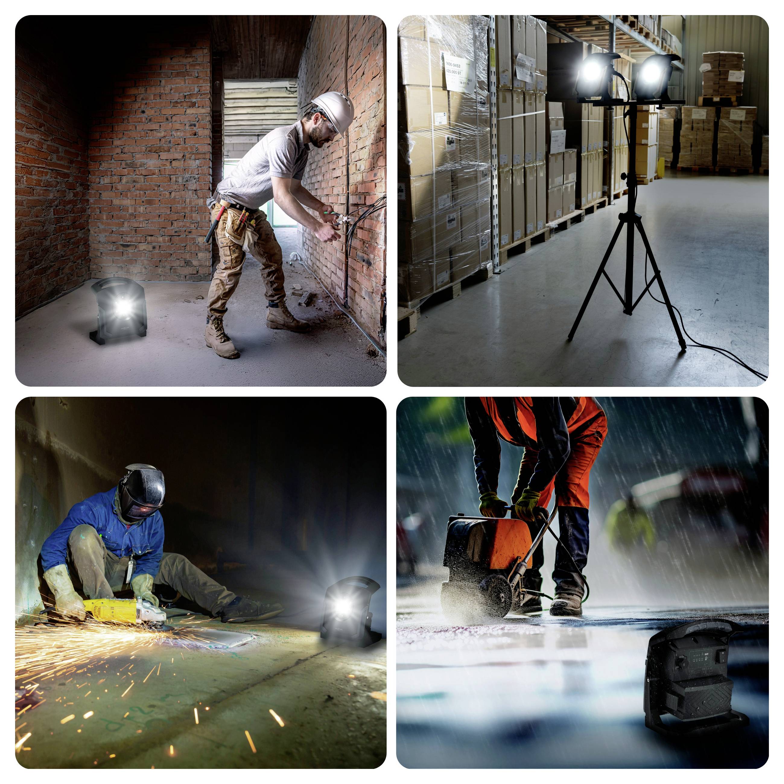 Four images: <br>1. Worker drilling into a brick wall in a dimly lit room.<br>2. Industrial light tripod illuminating a warehouse.<br>3. Person welding metal with sparks flying.<br>4. Worker using a cleaning machine on a wet floor in rain.