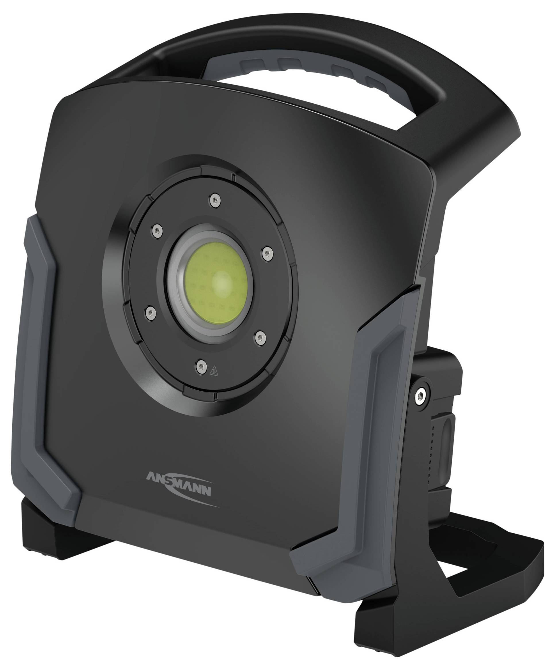 A portable work light with a circular LED in the center, designed for construction or maintenance tasks, featuring a sturdy handle.