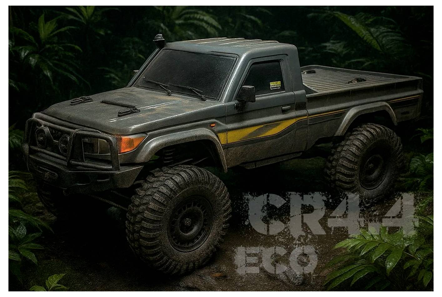 A rugged off-road vehicle with large tires and a flatbed, set in a dense, tropical forest environment.