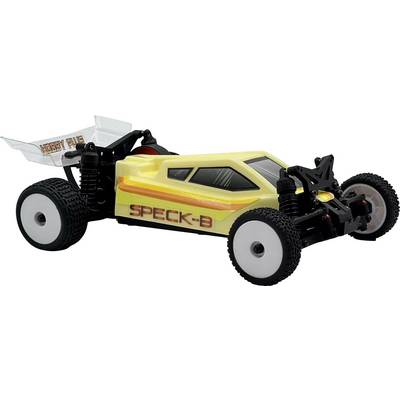 A yellow and orange remote-controlled car with 'SPECK-B' written on the side, featuring large tires and a streamlined design.