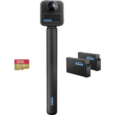 360-degree action camera on a stick, with two GoPro batteries and a SanDisk Extreme 64GB memory card, showcasing photography equipment.