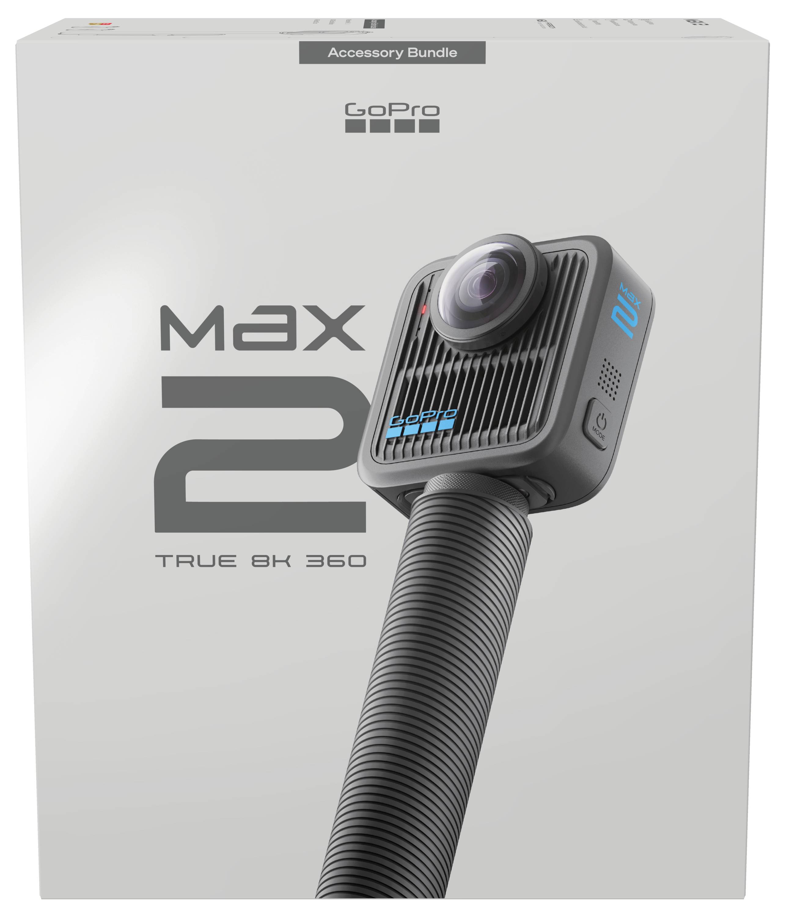 A GoPro Max 2 camera box showing the camera design, labeled 'True 8K 360' and 'Accessory Bundle'.