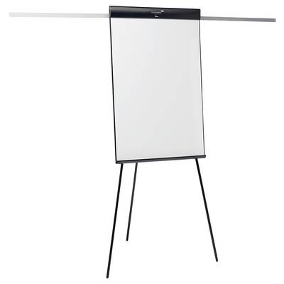 A blank flipchart on a tripod stand with an empty white surface, ready for writing or presentation use.