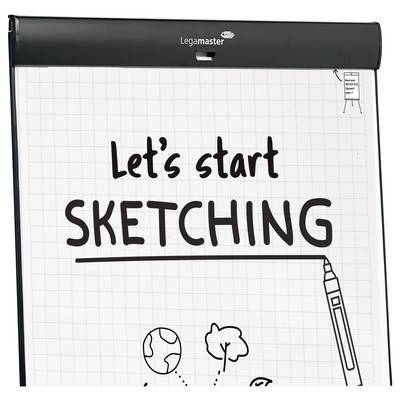 The image shows a flipchart with the text 'Let's start sketching' and simple drawings, suggesting creativity and brainstorming.