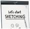 Flipchart with the title 'Let's start SKETCHING' in bold letters, showing simple sketches of a pen, globe, and cloud beneath the text.