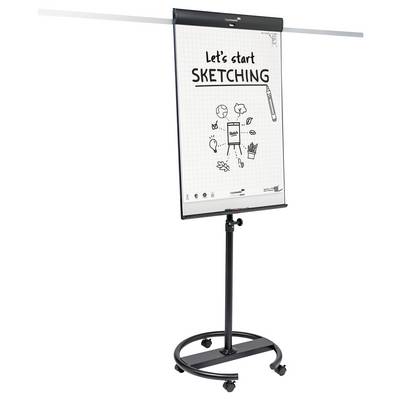 Easel with a flip chart displaying the phrase 'Let's start SKETCHING' along with small drawings of art supplies and a smiley face.
