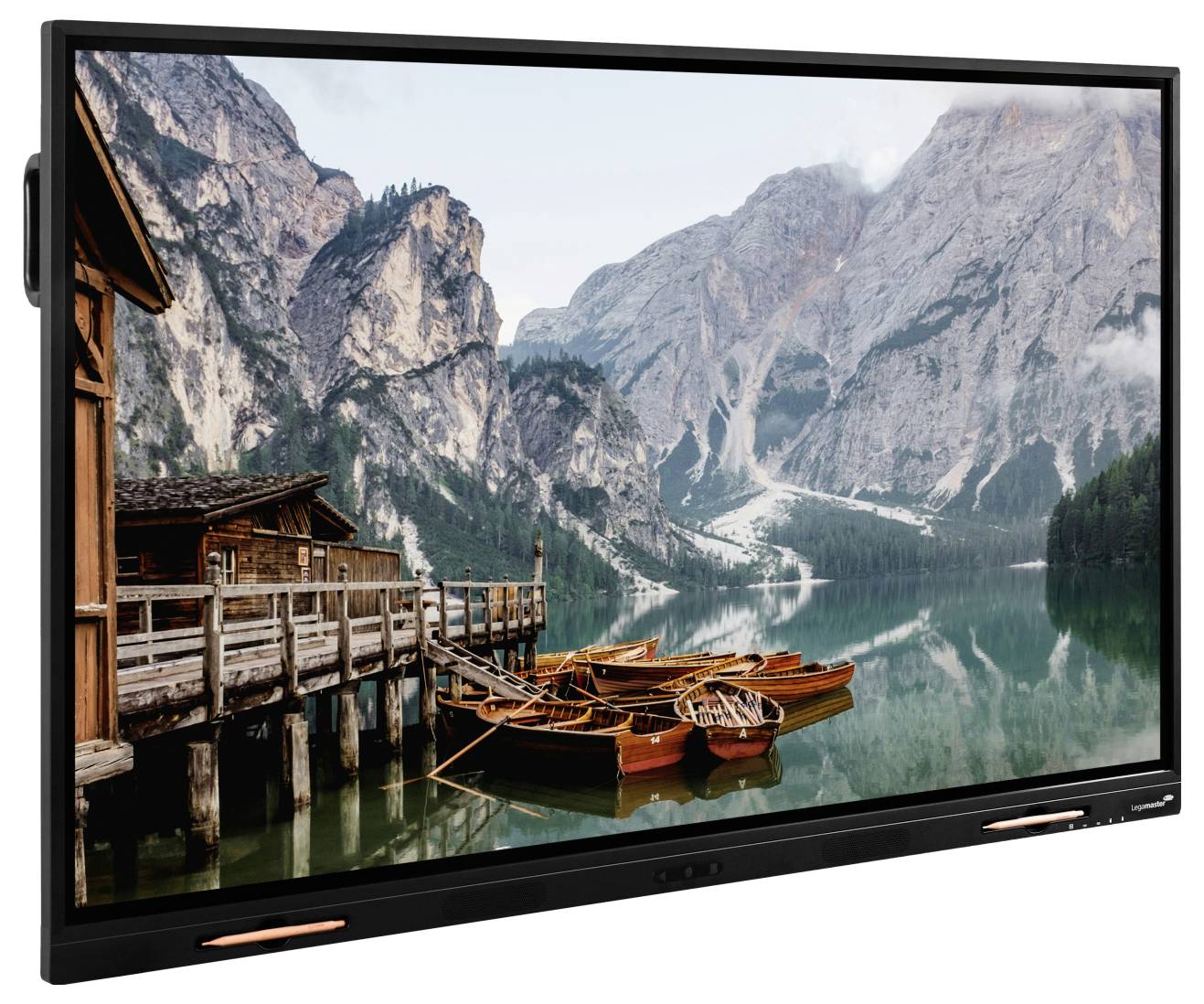 A digital display showing a serene mountain lake scene with wooden boats docked at a rustic pier, surrounded by jagged peaks.