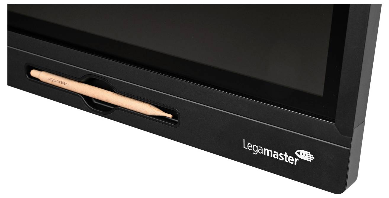 A black Legamaster interactive screen displaying a stylus holder with an orange stylus inserted.