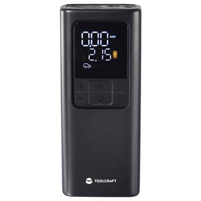 Portable Toolcraft air compressor display showing pressure 0.0 bar, battery 21.5, and mode icons on a black device.