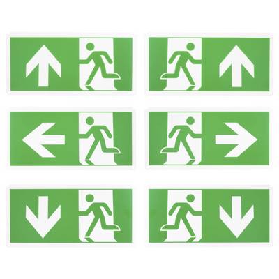 Exit signs showing a running person with arrows indicating directions: up, left, right, and down. Used for emergency exits.