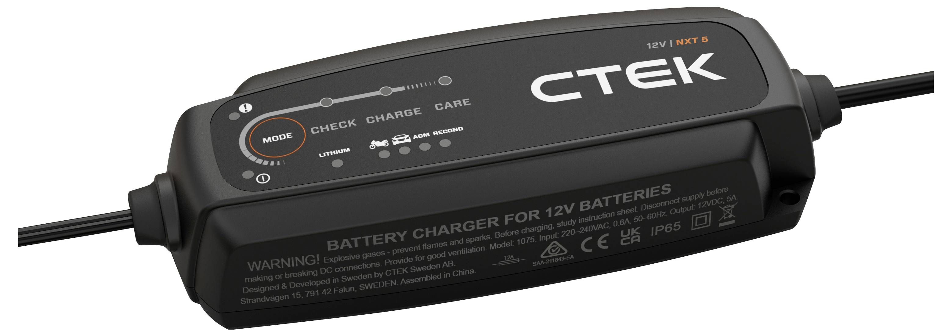A black CTEK battery charger for 12V batteries with various mode options and an indicator labeled 'CHECK CHARGE CARE'.