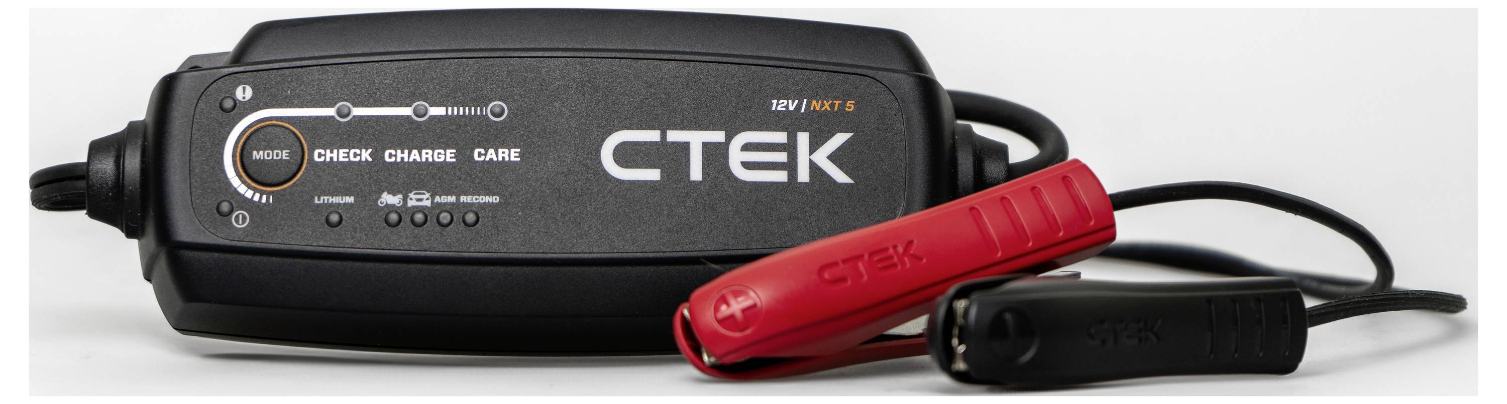 CTEK battery charger with indicator lights and attached red and black cables, used for checking, charging, and maintaining car batteries.