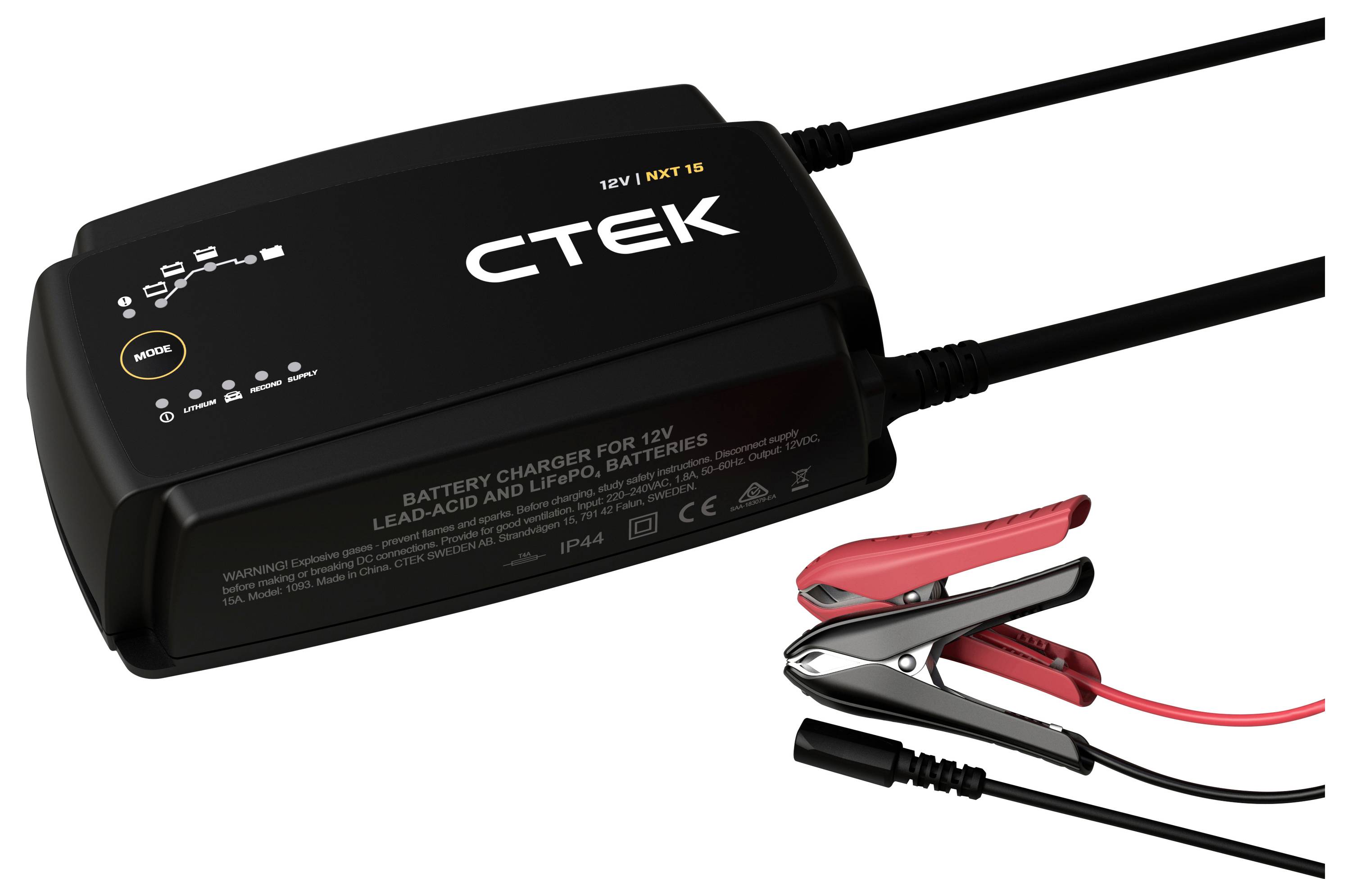Battery charger with cables and clamps for 12V lead-acid and LiFePO4 batteries. Black casing with 'CTEK' label and mode button.